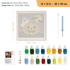 Ghost Behind the Pumpkin punch needle kit, 12 × 12 in (30 × 30 cm): canvas size and kit contents