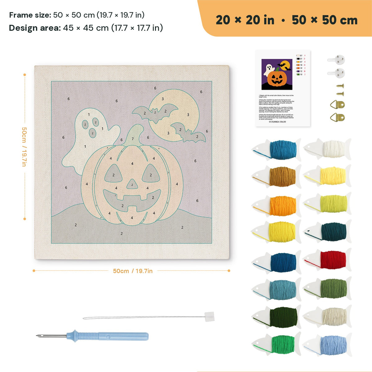 Ghost Behind the Pumpkin punch needle kit, 20 × 20 in (50 × 50 cm): canvas size and kit contents