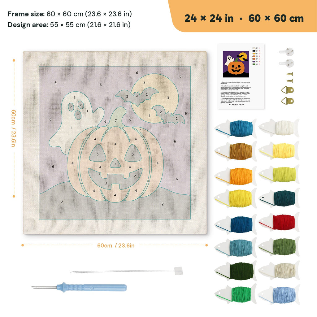 Ghost Behind the Pumpkin punch needle kit, 24 × 24 in (60 × 60 cm): canvas size and kit contents
