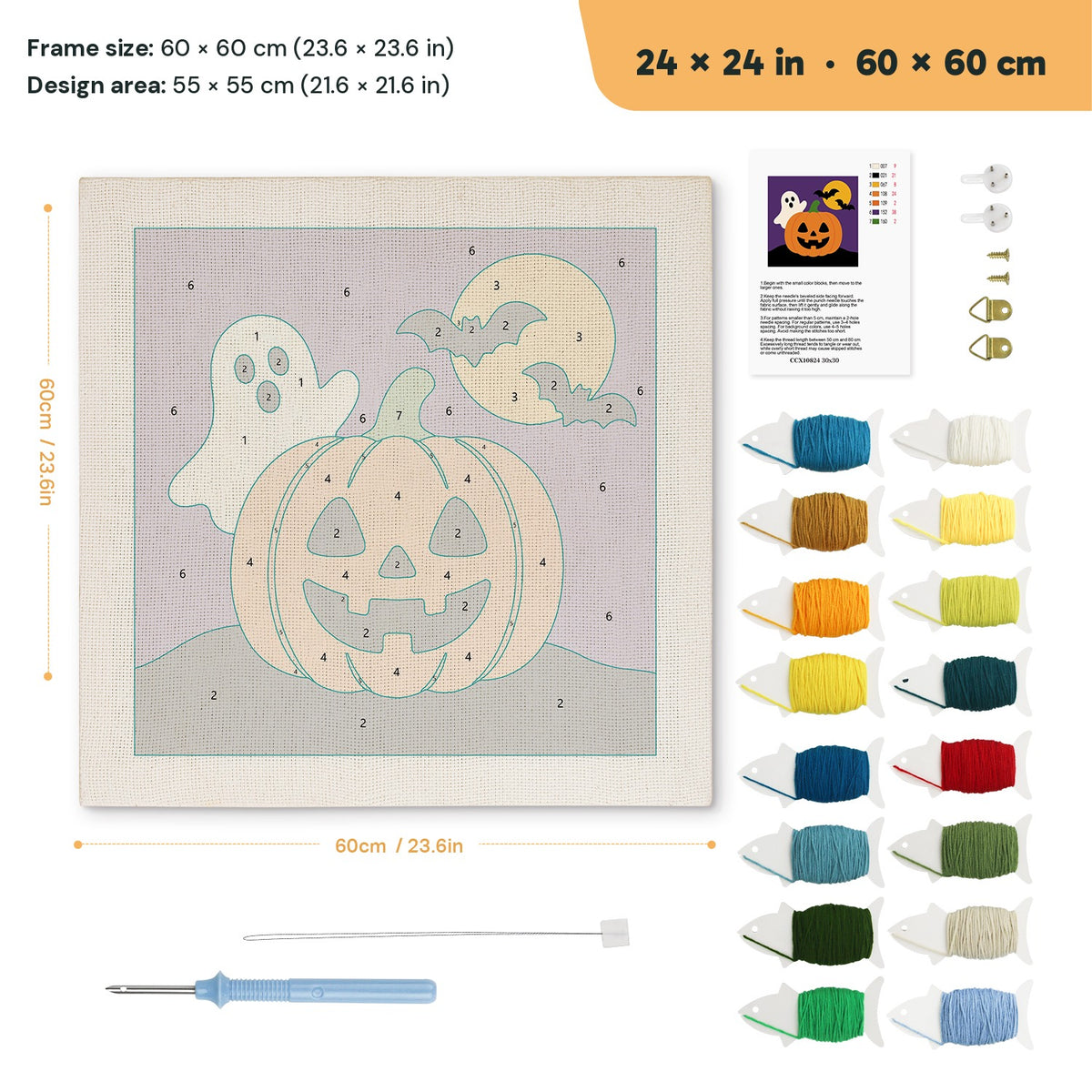 Ghost Behind the Pumpkin punch needle kit, 24 × 24 in (60 × 60 cm): canvas size and kit contents