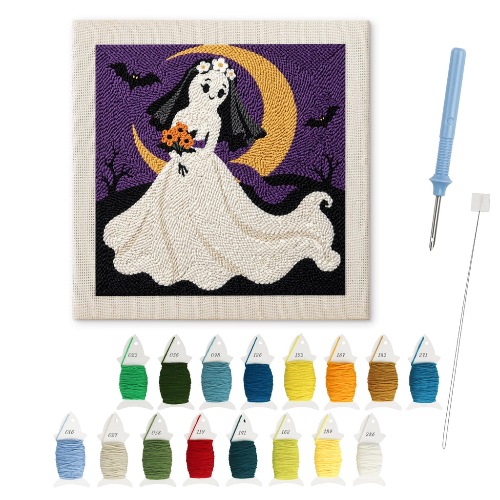 Ghost Bride punch needle kit: finished canvas with threads, punch needle and threader