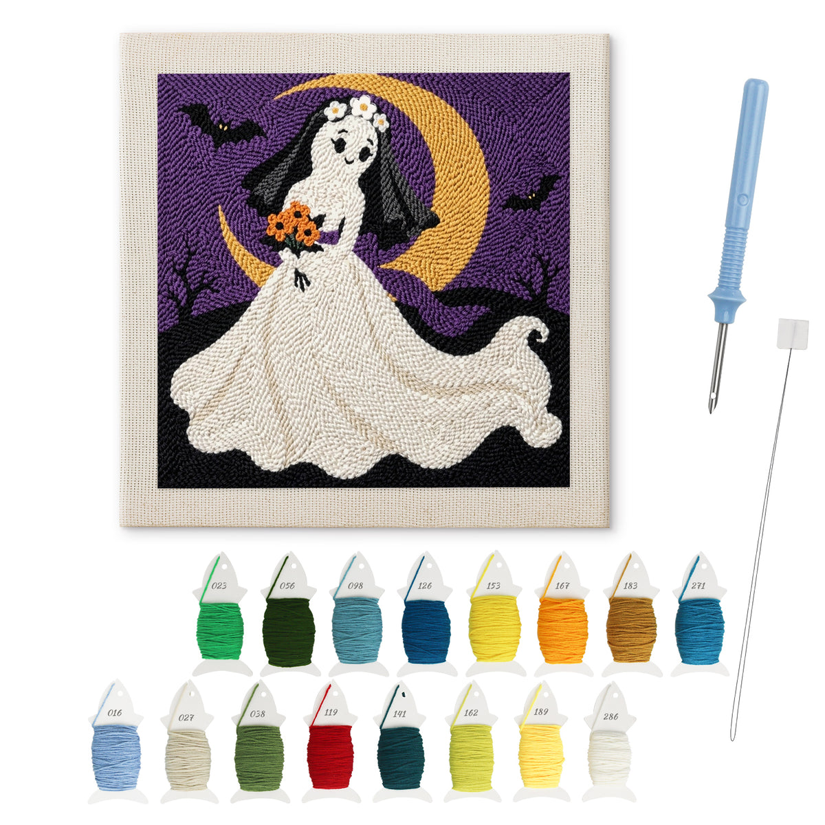 Ghost Bride punch needle kit: finished canvas with threads, punch needle and threader