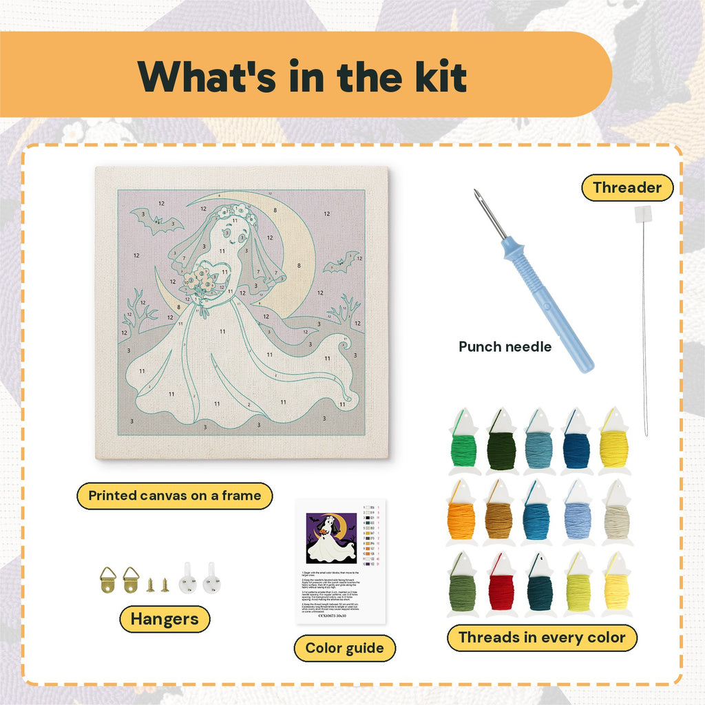 What is in the Ghost Bride kit: printed canvas, punch needle, threader, threads, color guide and hangers