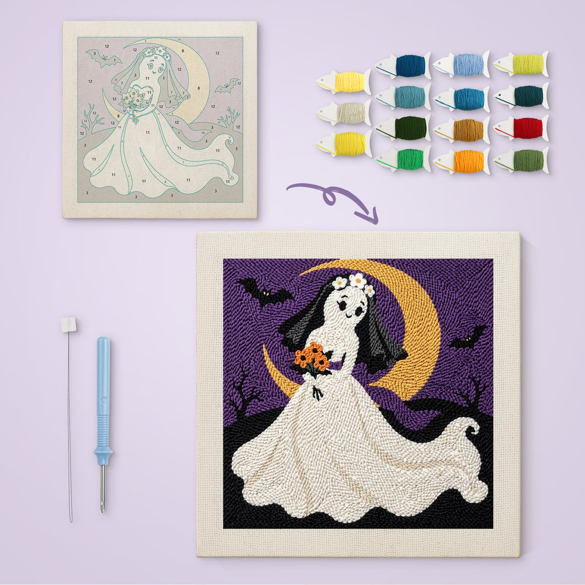 Ghost Bride canvas before and after punching, with the threads and tools