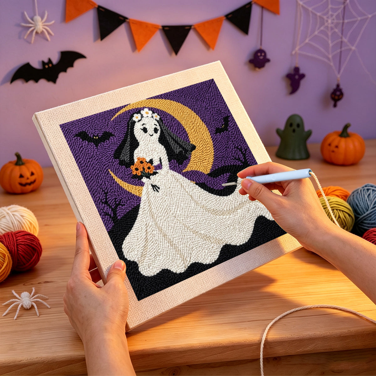 Punching the Ghost Bride design with the punch needle