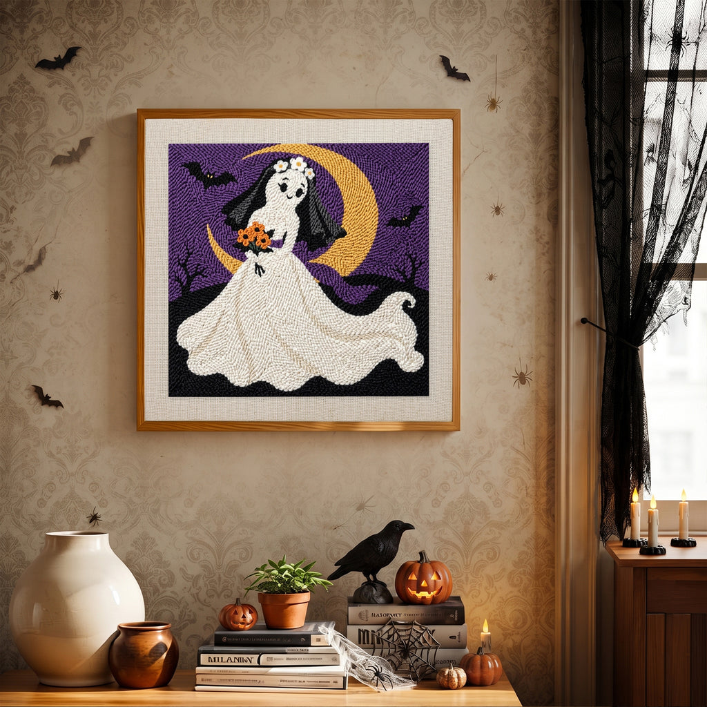 Finished Ghost Bride punch needle canvas on a wall
