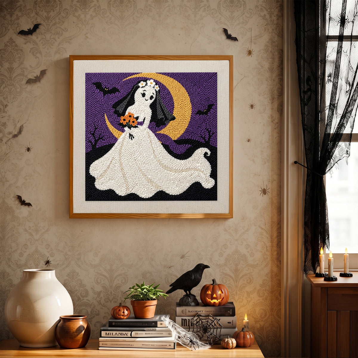 Finished Ghost Bride punch needle canvas on a wall