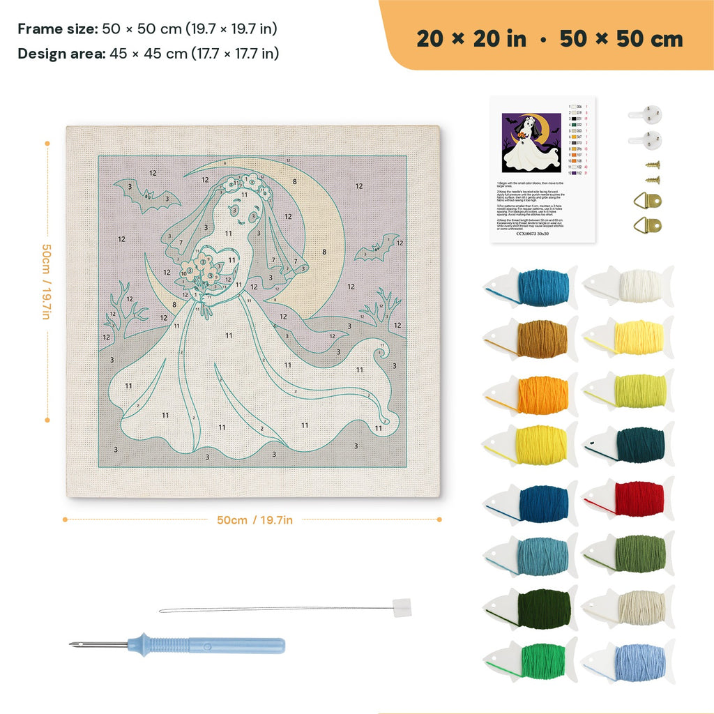 Ghost Bride punch needle kit, 20 × 20 in (50 × 50 cm): canvas size and kit contents