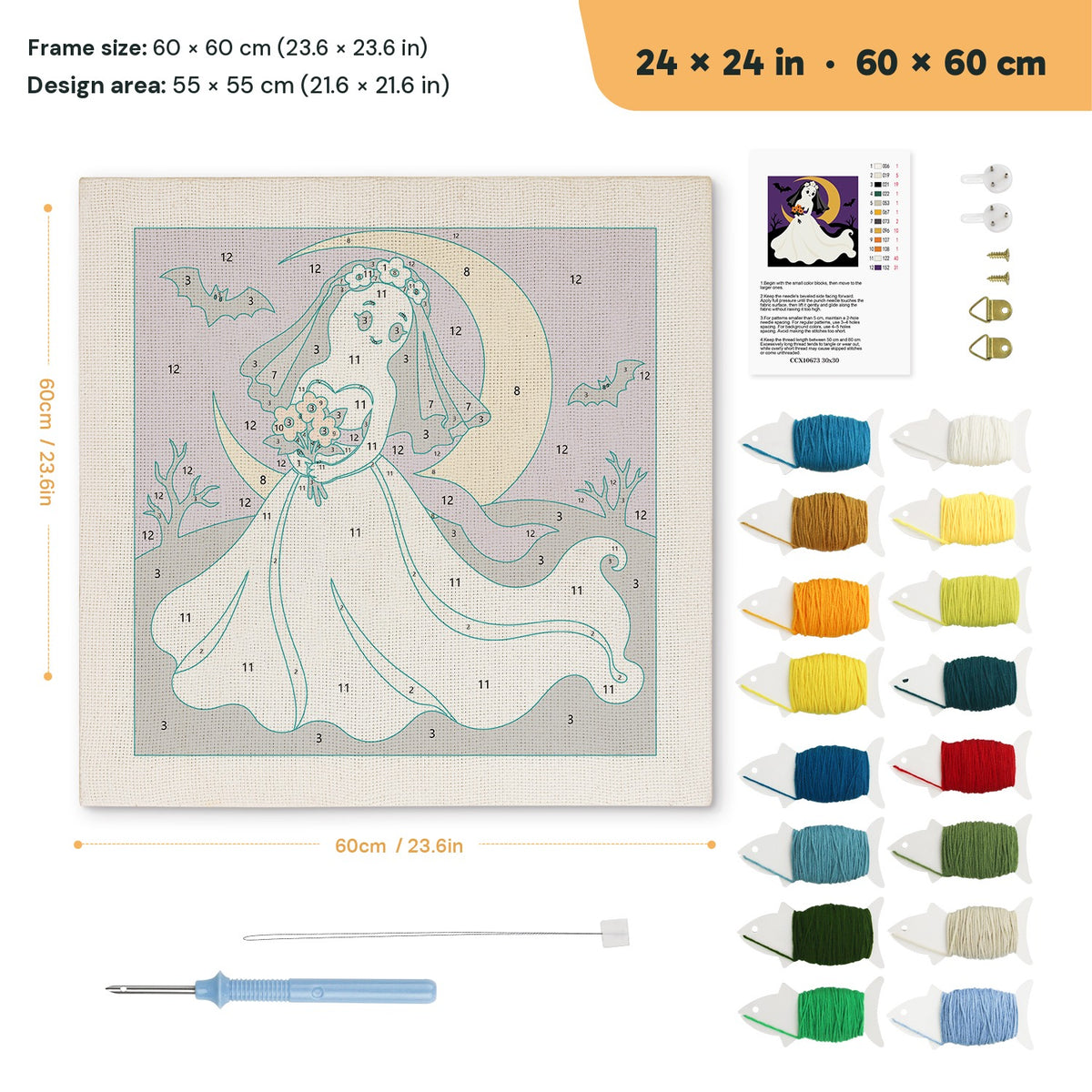 Ghost Bride punch needle kit, 24 × 24 in (60 × 60 cm): canvas size and kit contents