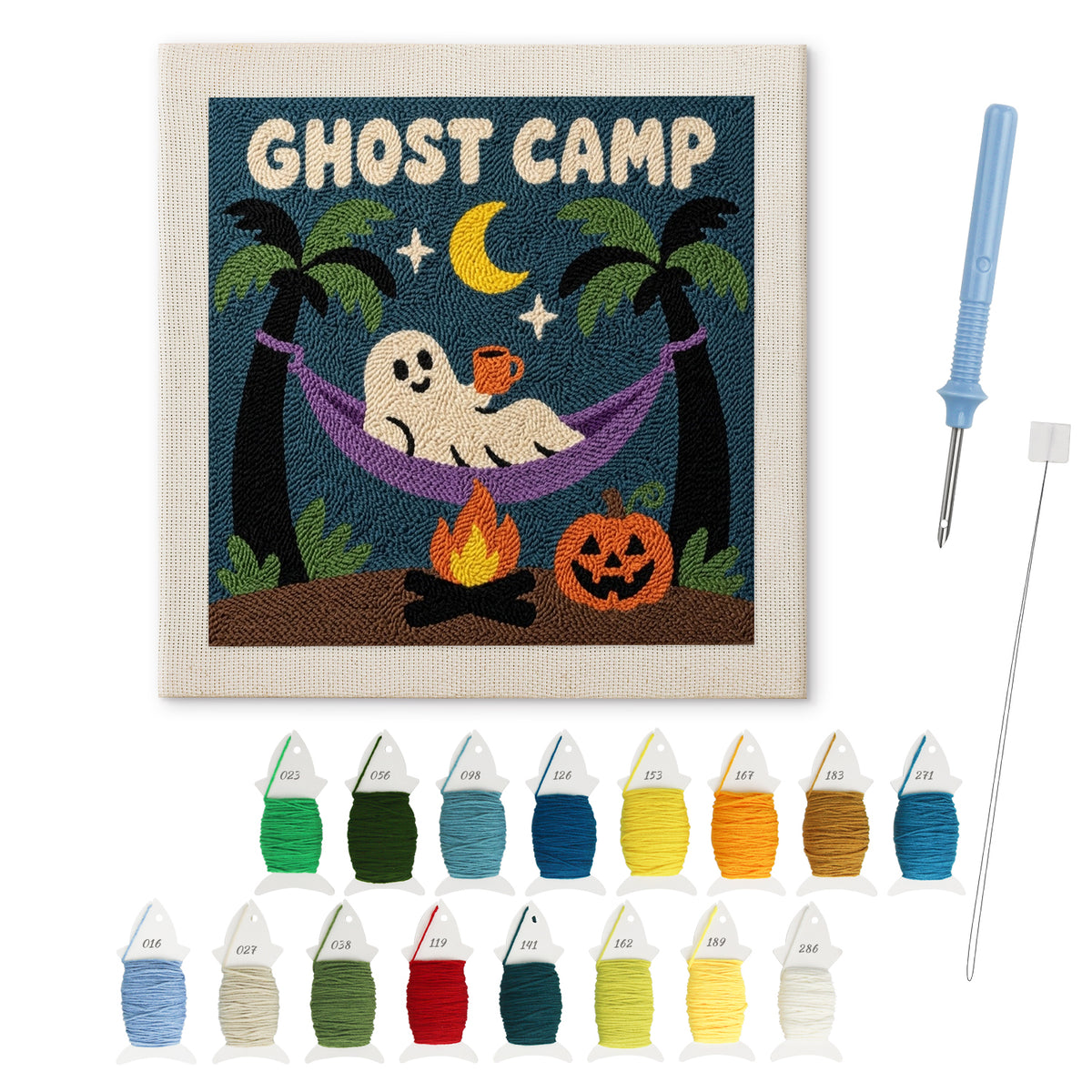 Ghost Camp Hammock punch needle kit: finished canvas with threads, punch needle and threader