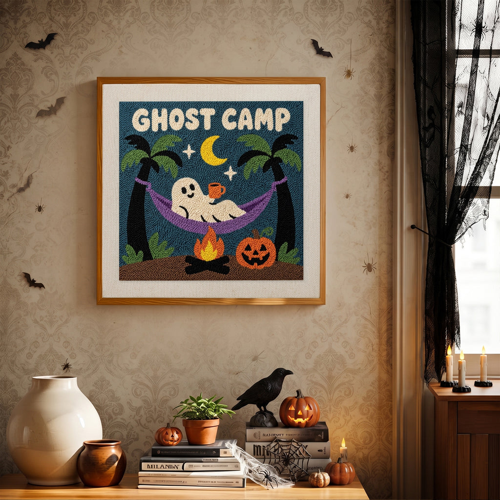 Finished Ghost Camp Hammock punch needle canvas on a wall