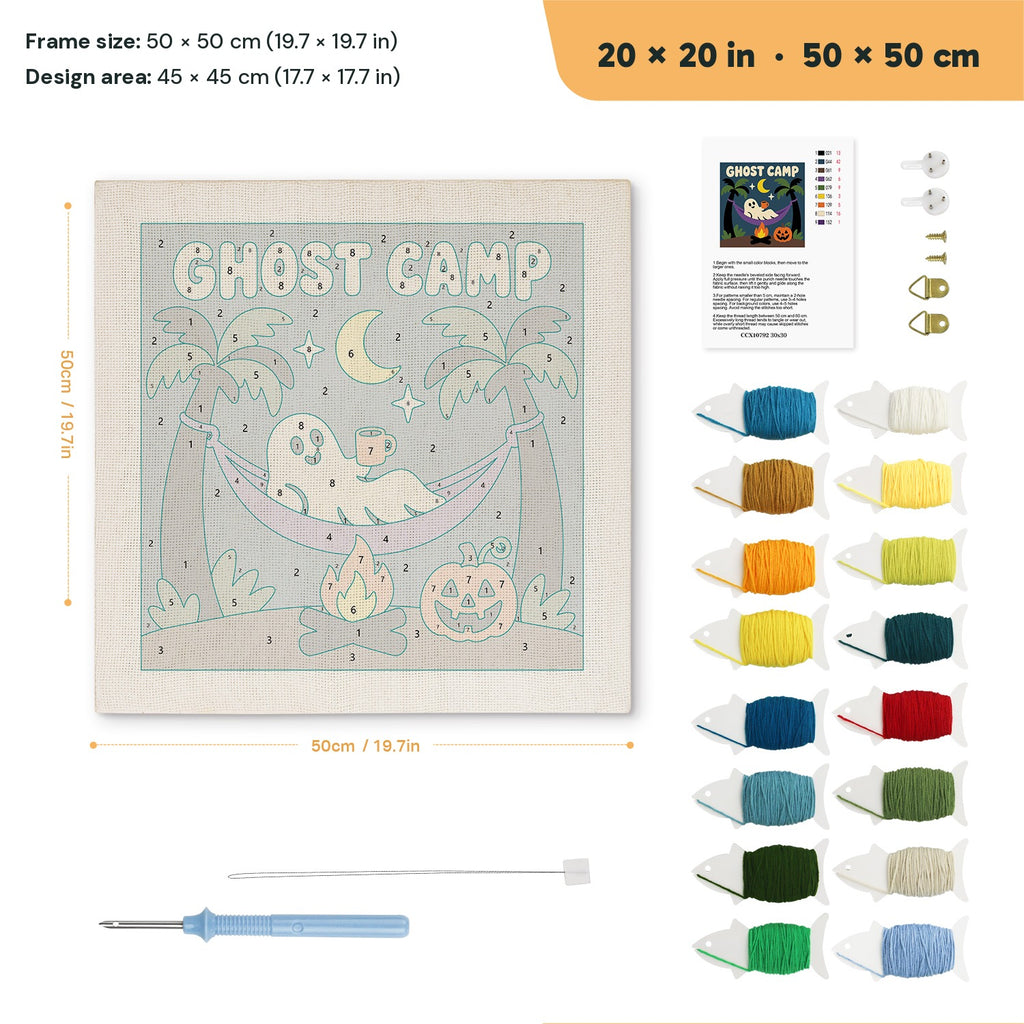 Ghost Camp Hammock punch needle kit, 20 × 20 in (50 × 50 cm): canvas size and kit contents