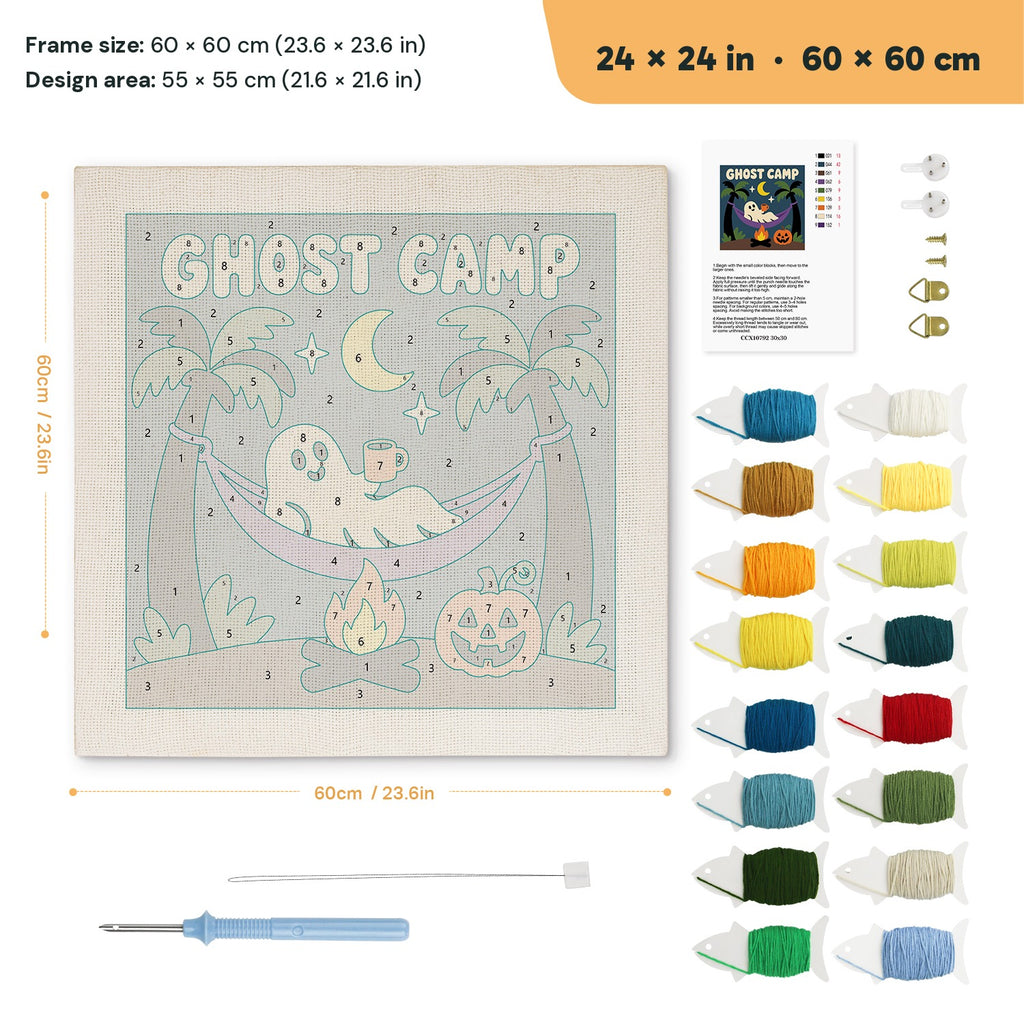 Ghost Camp Hammock punch needle kit, 24 × 24 in (60 × 60 cm): canvas size and kit contents