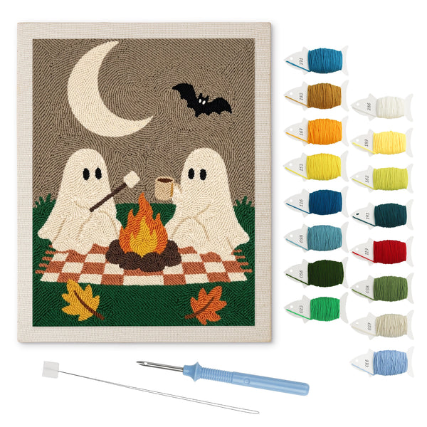 Ghost Campfire Picnic punch needle kit: finished canvas with threads, punch needle and threader