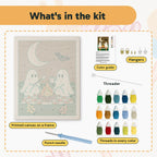 What is in the Ghost Campfire Picnic kit: printed canvas, punch needle, threader, threads, color guide and hangers
