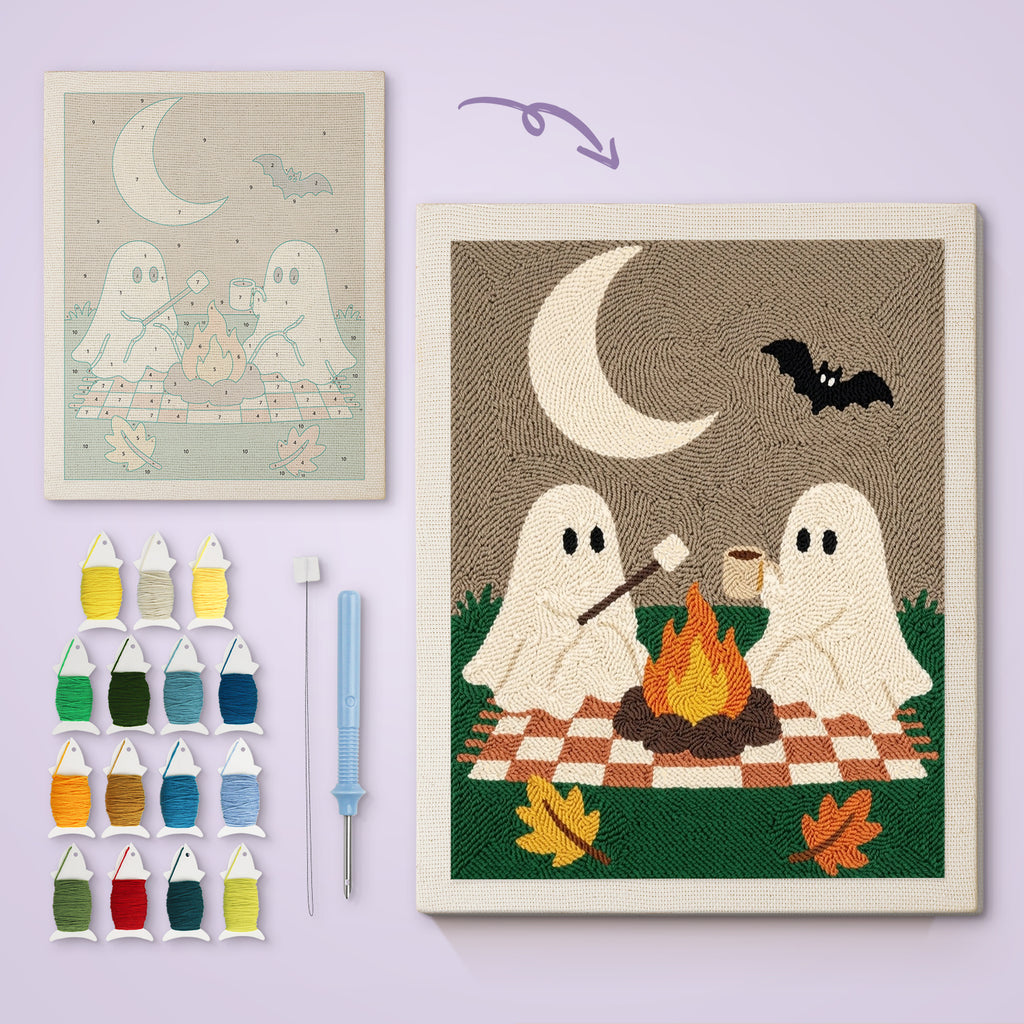 Ghost Campfire Picnic canvas before and after punching, with the threads and tools