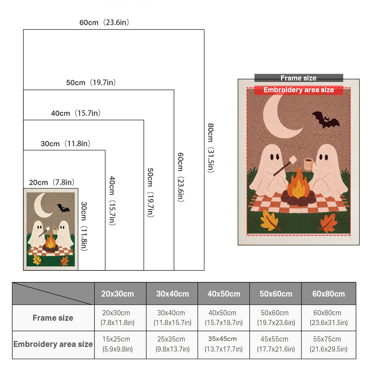 Size chart for punch needle kits from 20 x 30 cm to 60 x 80 cm