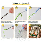 Six steps showing how to thread and use the punch needle