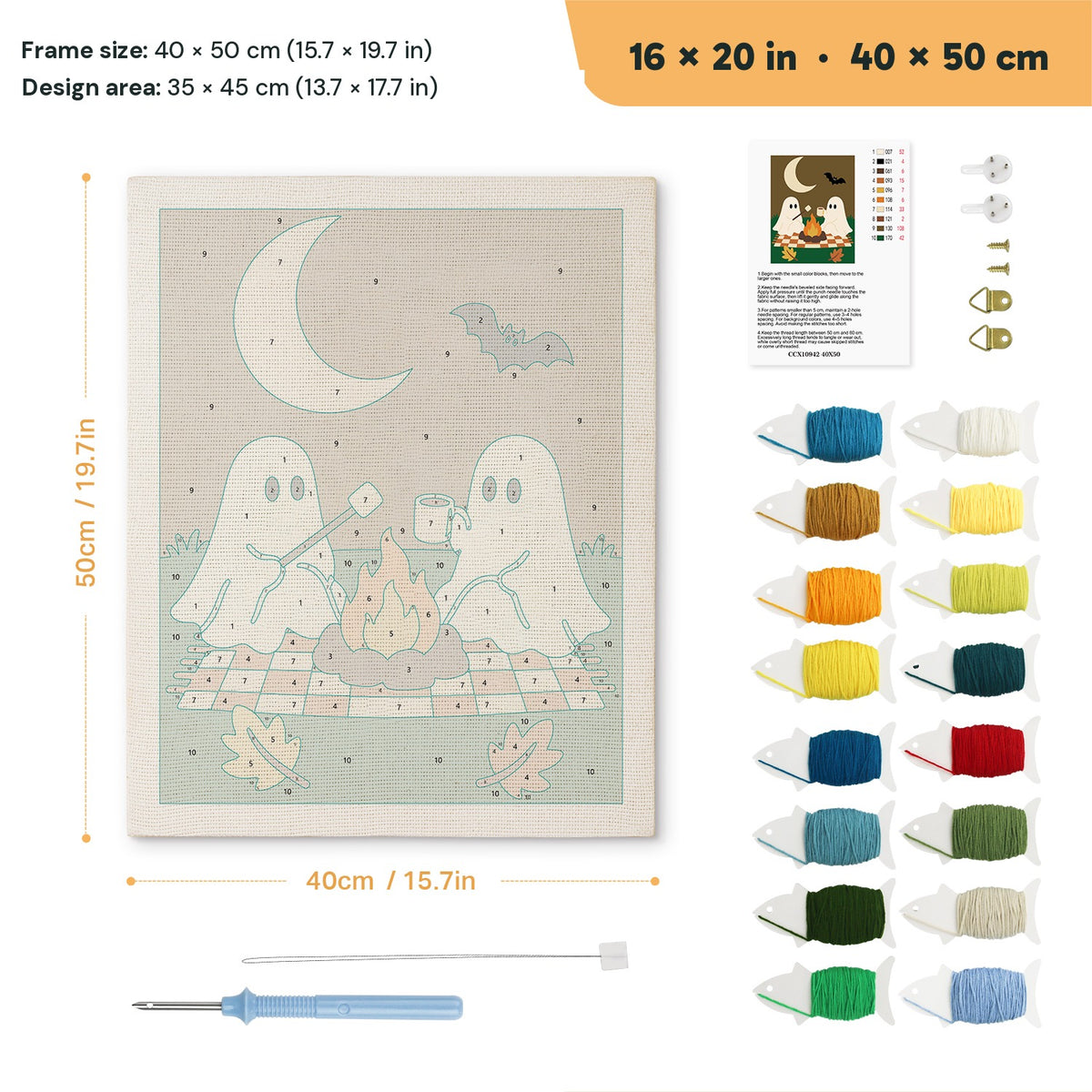 Ghost Campfire Picnic punch needle kit, 16 × 20 in (40 × 50 cm): canvas size and kit contents