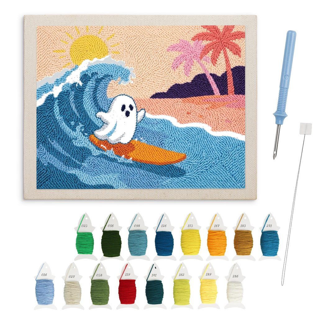 Ghost Catching a Wave punch needle kit: finished canvas with threads, punch needle and threader