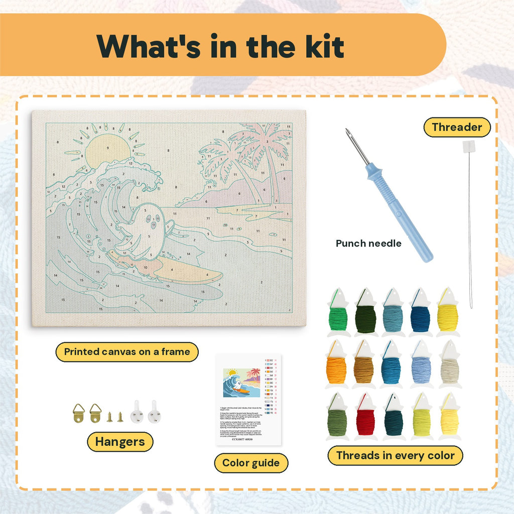 What is in the Ghost Catching a Wave kit: printed canvas, punch needle, threader, threads, color guide and hangers