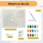 What is in the Ghost Catching a Wave kit: printed canvas, punch needle, threader, threads, color guide and hangers