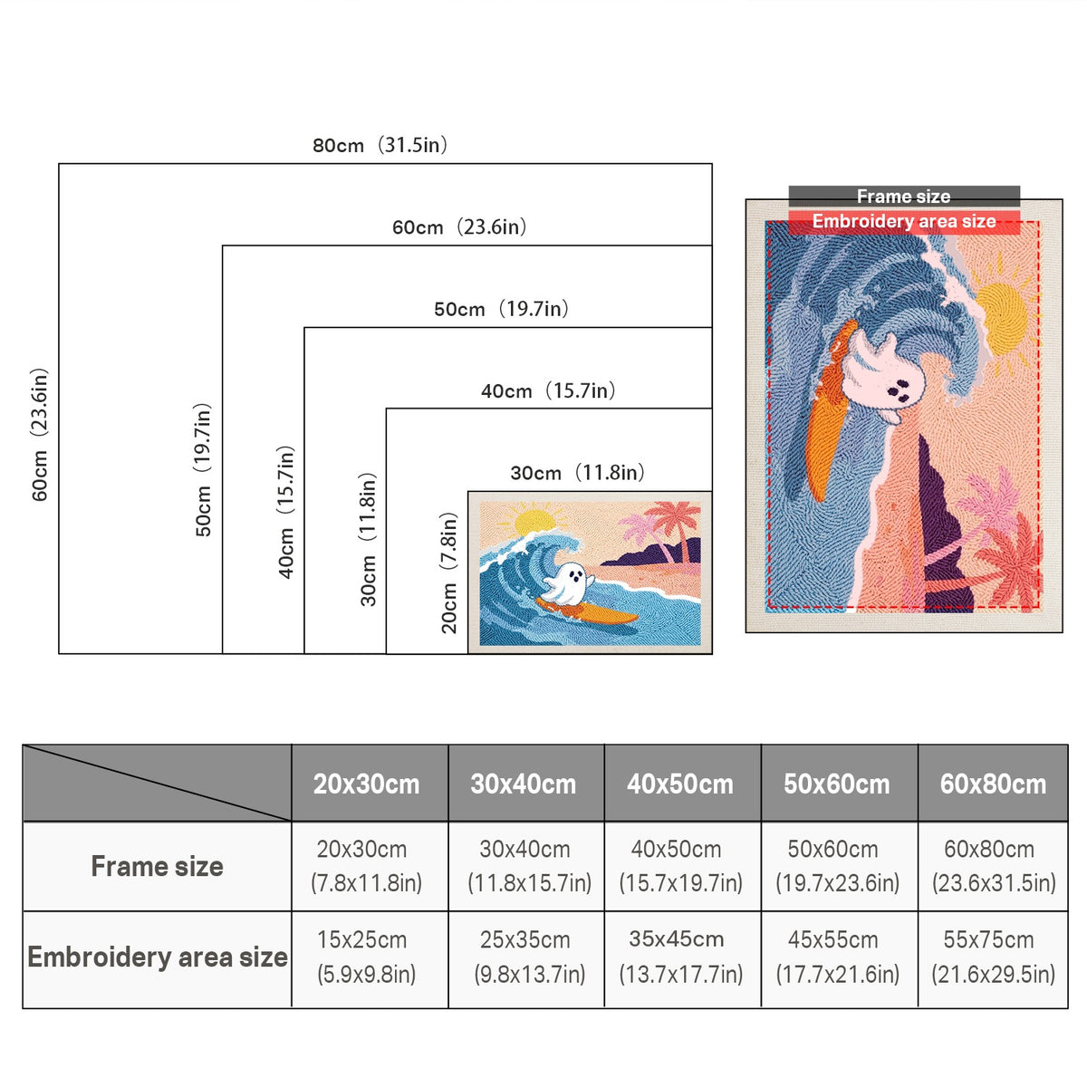 Size chart for punch needle kits from 20 x 30 cm to 60 x 80 cm