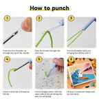 Six steps showing how to thread and use the punch needle