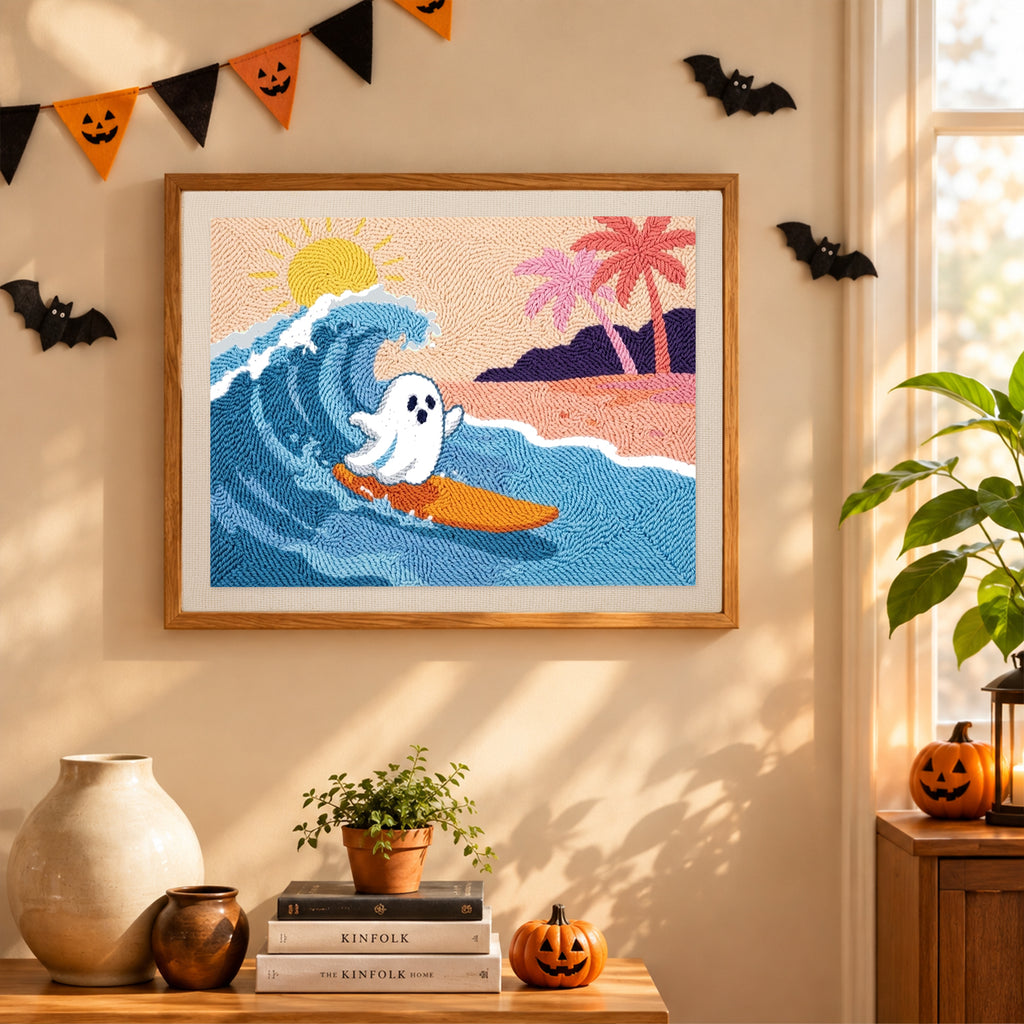 Finished Ghost Catching a Wave punch needle canvas on a wall