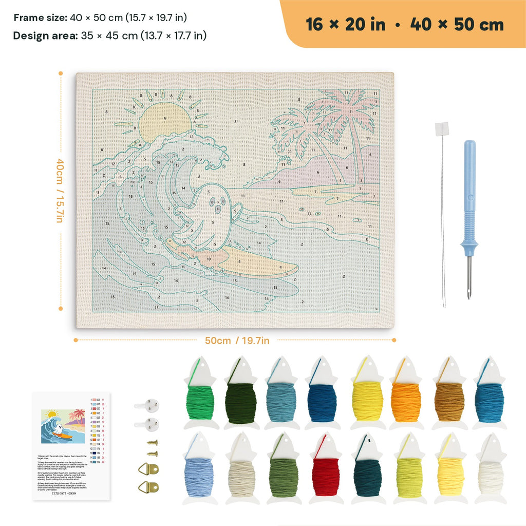 Ghost Catching a Wave punch needle kit, 16 × 20 in (40 × 50 cm): canvas size and kit contents