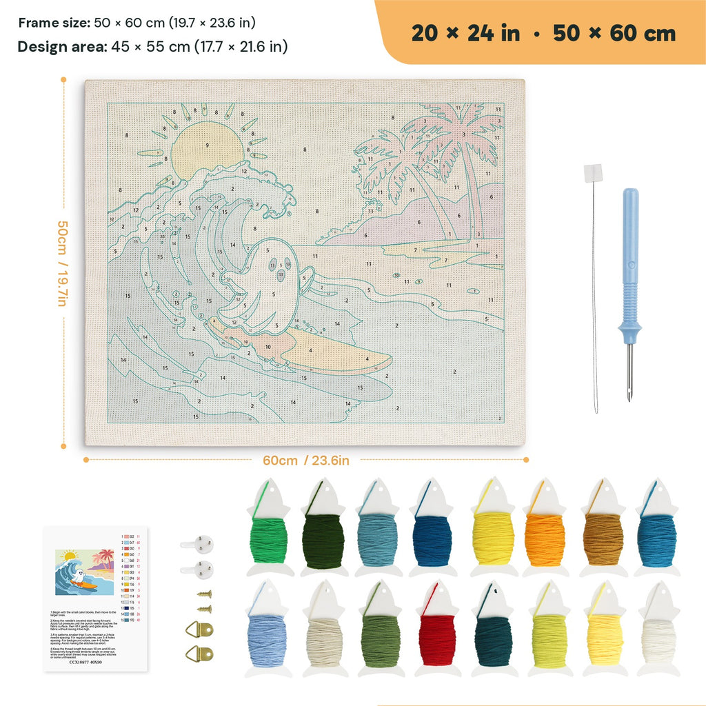 Ghost Catching a Wave punch needle kit, 20 × 24 in (50 × 60 cm): canvas size and kit contents