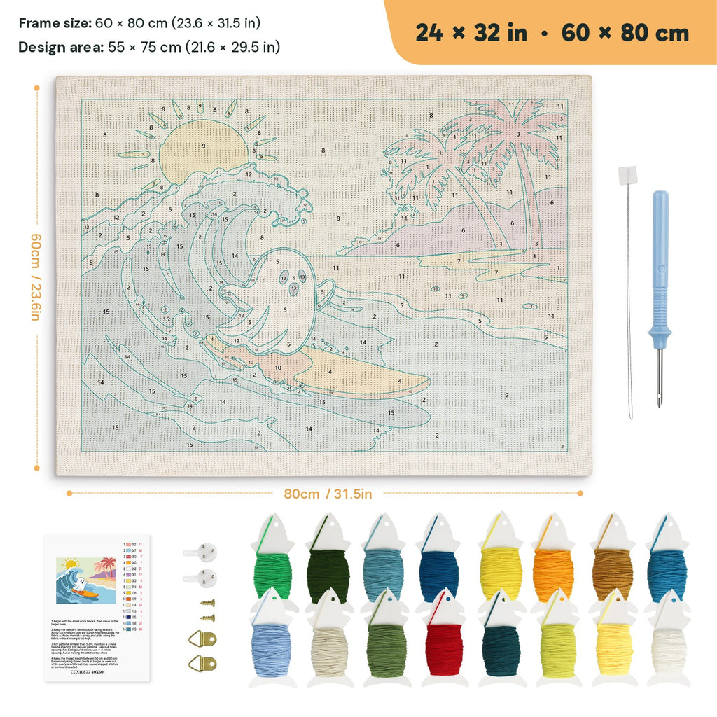 Ghost Catching a Wave punch needle kit, 24 × 32 in (60 × 80 cm): canvas size and kit contents