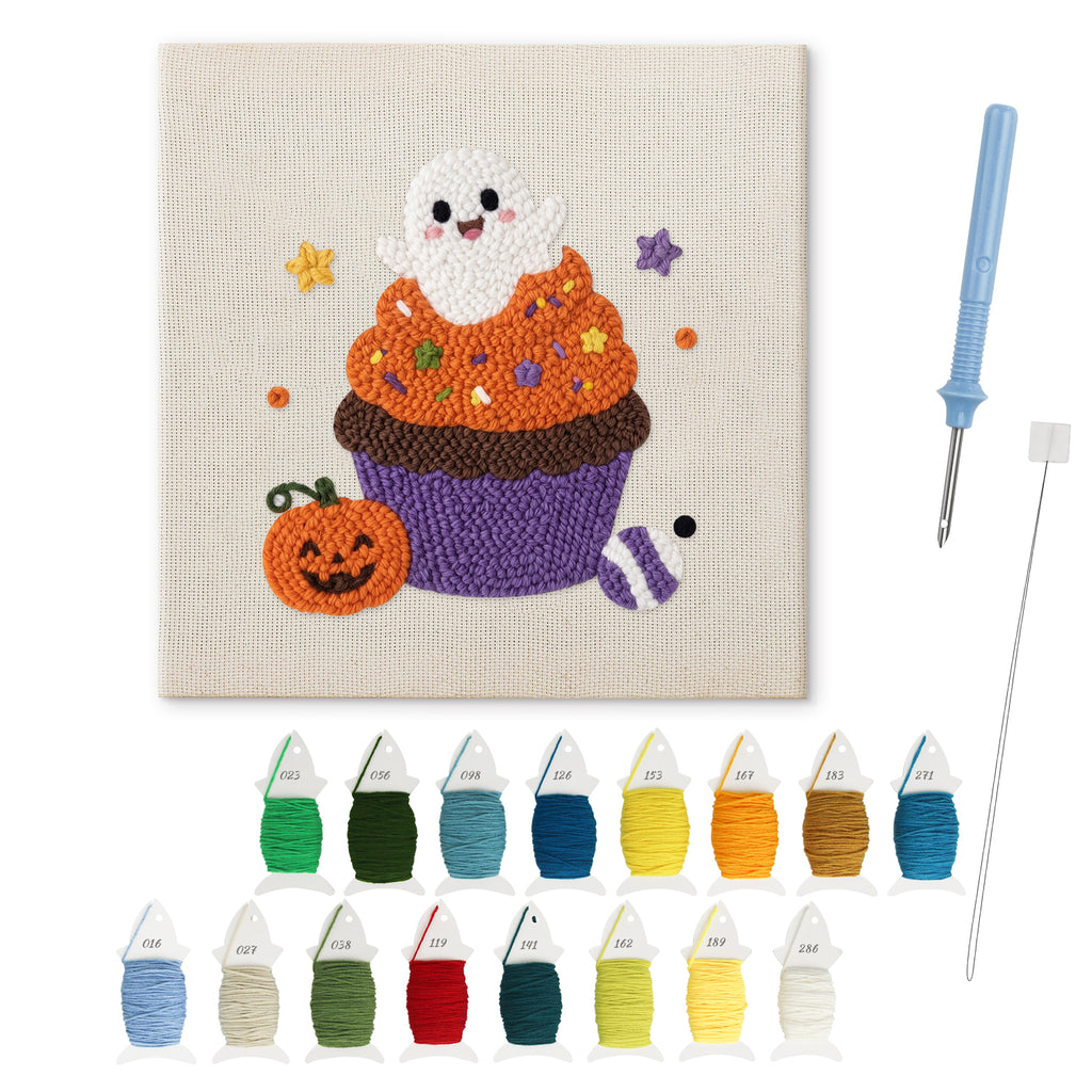 Ghost Cupcake punch needle kit: finished canvas with threads, punch needle and threader