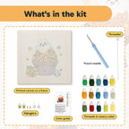What is in the Ghost Cupcake kit: printed canvas, punch needle, threader, threads, color guide and hangers
