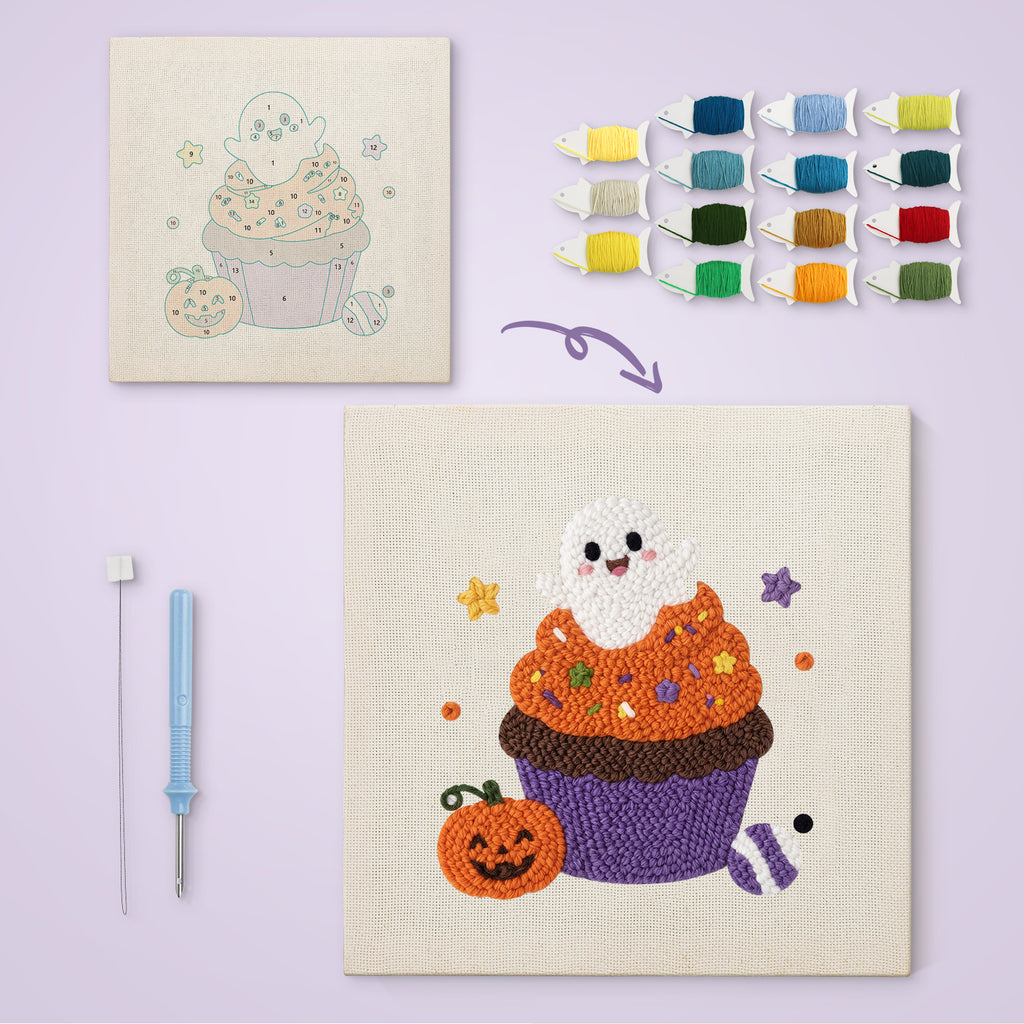 Ghost Cupcake canvas before and after punching, with the threads and tools