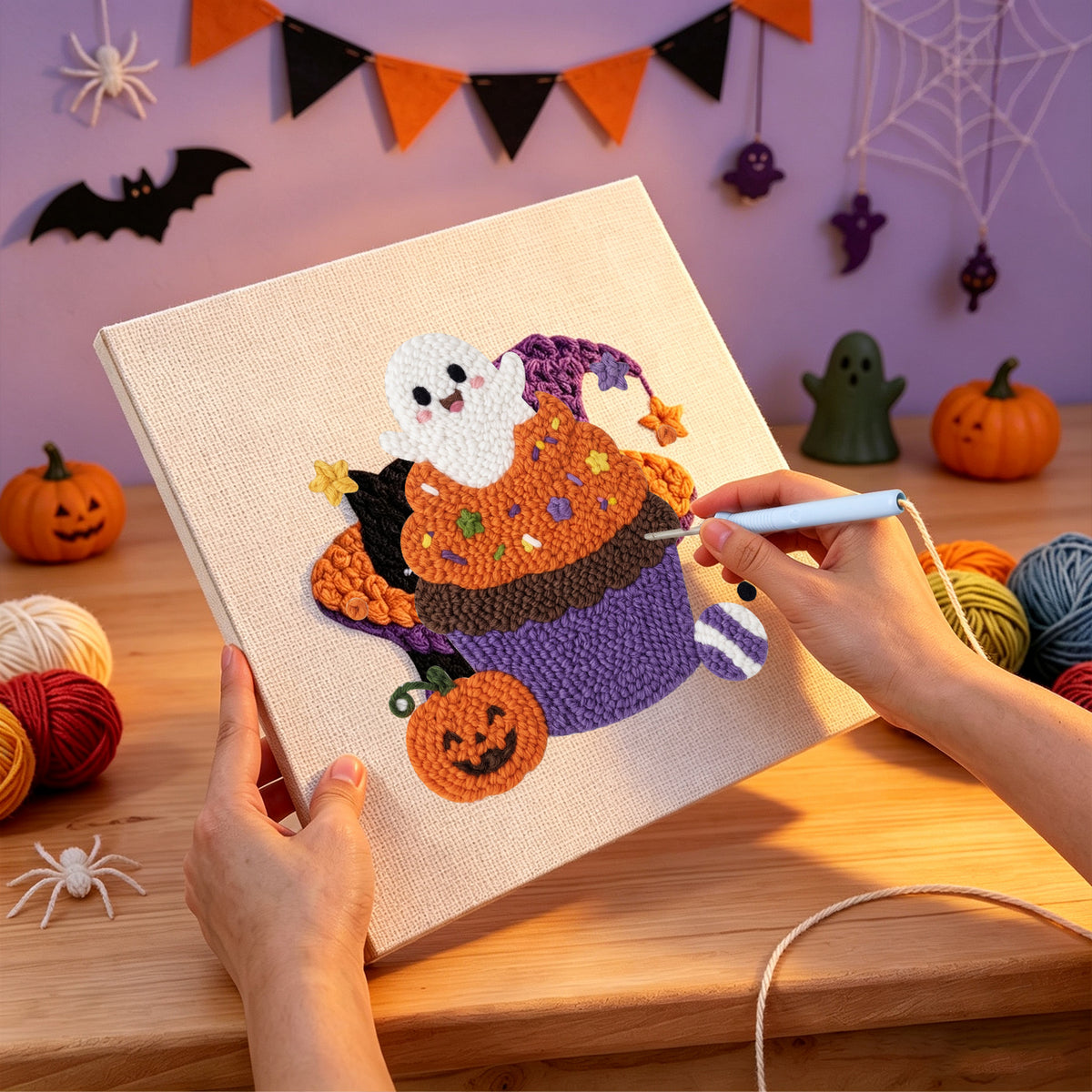Punching the Ghost Cupcake design with the punch needle