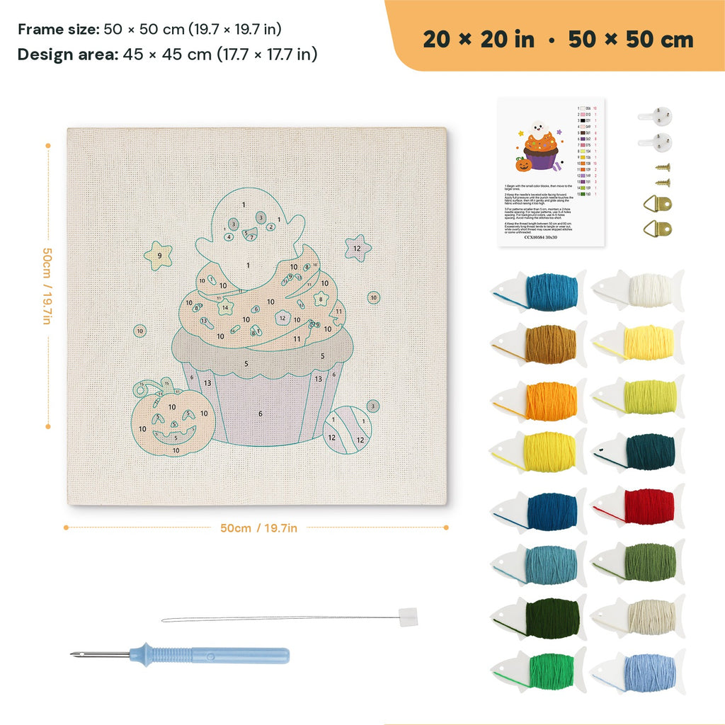 Ghost Cupcake punch needle kit, 20 × 20 in (50 × 50 cm): canvas size and kit contents