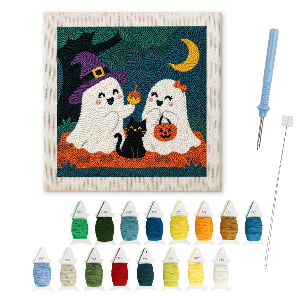 Ghost Friends and Cat punch needle kit: finished canvas with threads, punch needle and threader
