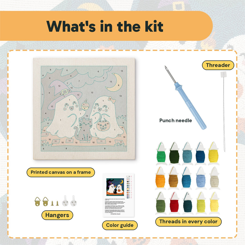 What is in the Ghost Friends and Cat kit: printed canvas, punch needle, threader, threads, color guide and hangers