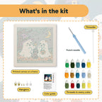 What is in the Ghost Friends and Cat kit: printed canvas, punch needle, threader, threads, color guide and hangers