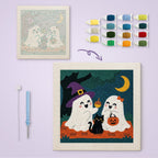 Ghost Friends and Cat canvas before and after punching, with the threads and tools