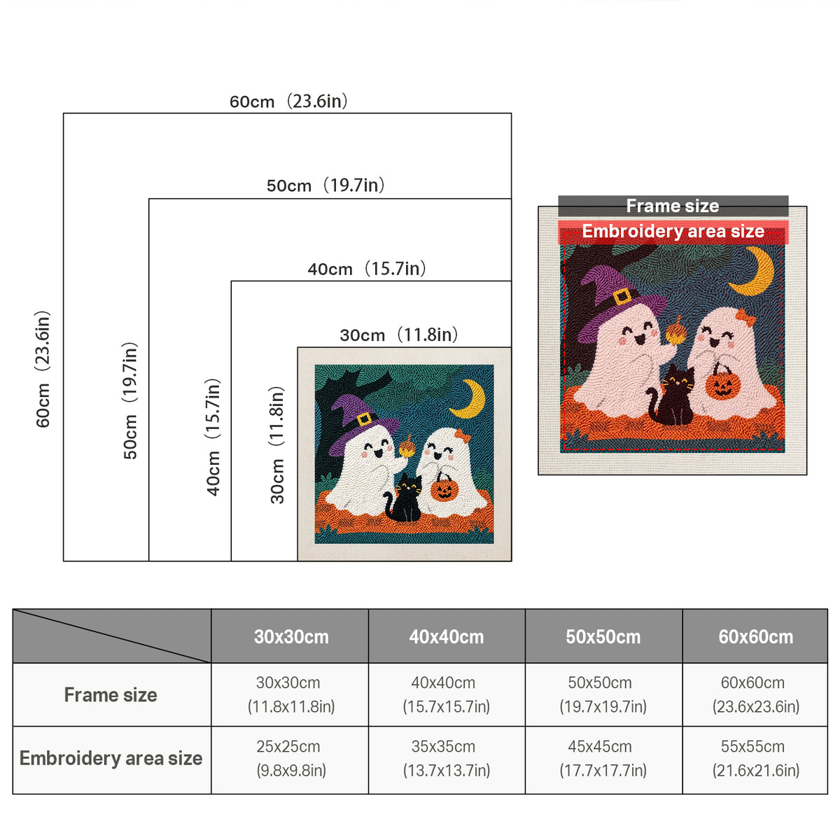 Size chart for square punch needle kits from 30 x 30 cm to 60 x 60 cm