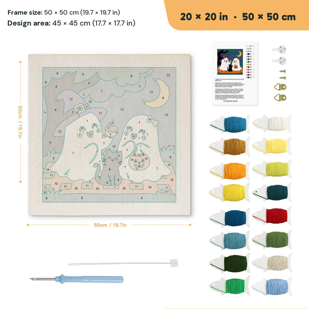 Ghost Friends and Cat punch needle kit, 20 × 20 in (50 × 50 cm): canvas size and kit contents