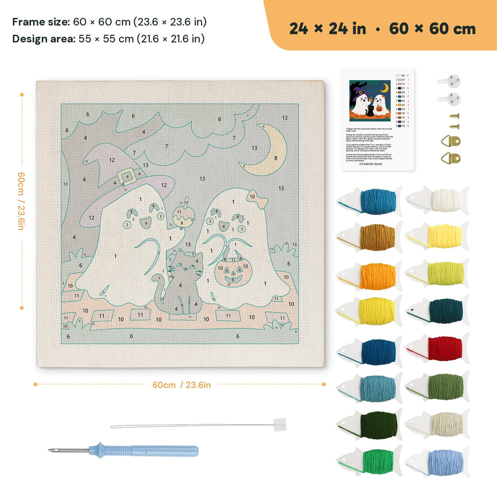 Ghost Friends and Cat punch needle kit, 24 × 24 in (60 × 60 cm): canvas size and kit contents