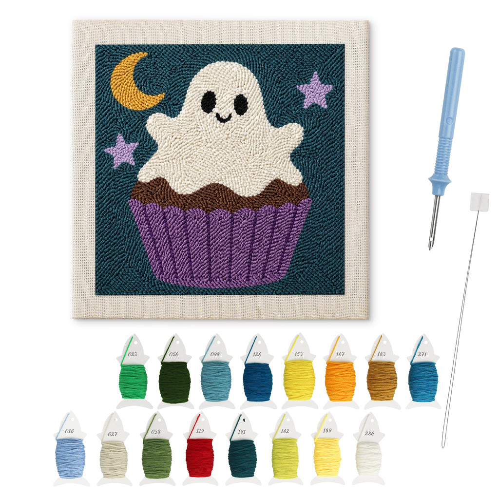 Ghost Frosting Cupcake punch needle kit: finished canvas with threads, punch needle and threader