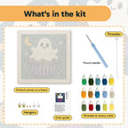 What is in the Ghost Frosting Cupcake kit: printed canvas, punch needle, threader, threads, color guide and hangers