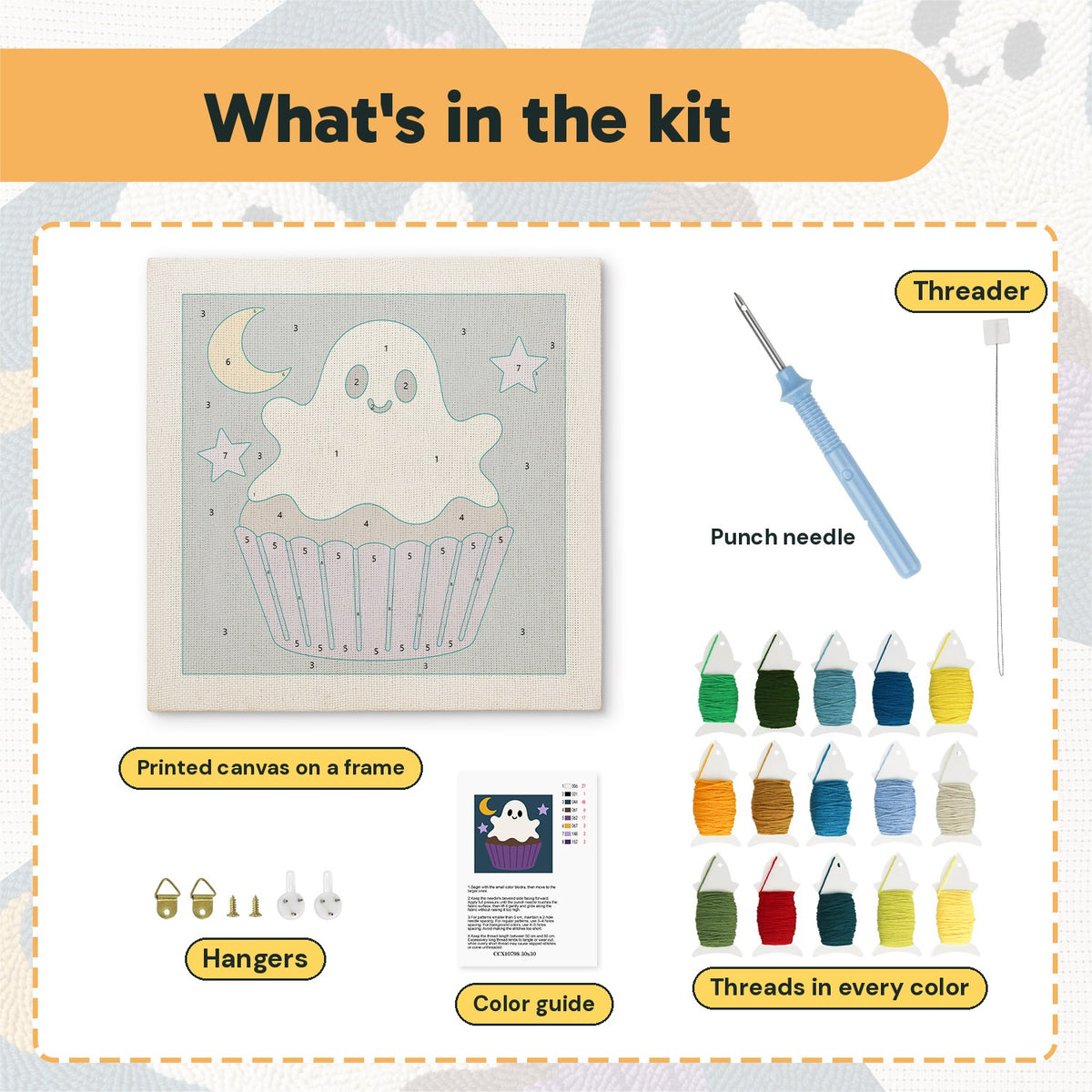 What is in the Ghost Frosting Cupcake kit: printed canvas, punch needle, threader, threads, color guide and hangers