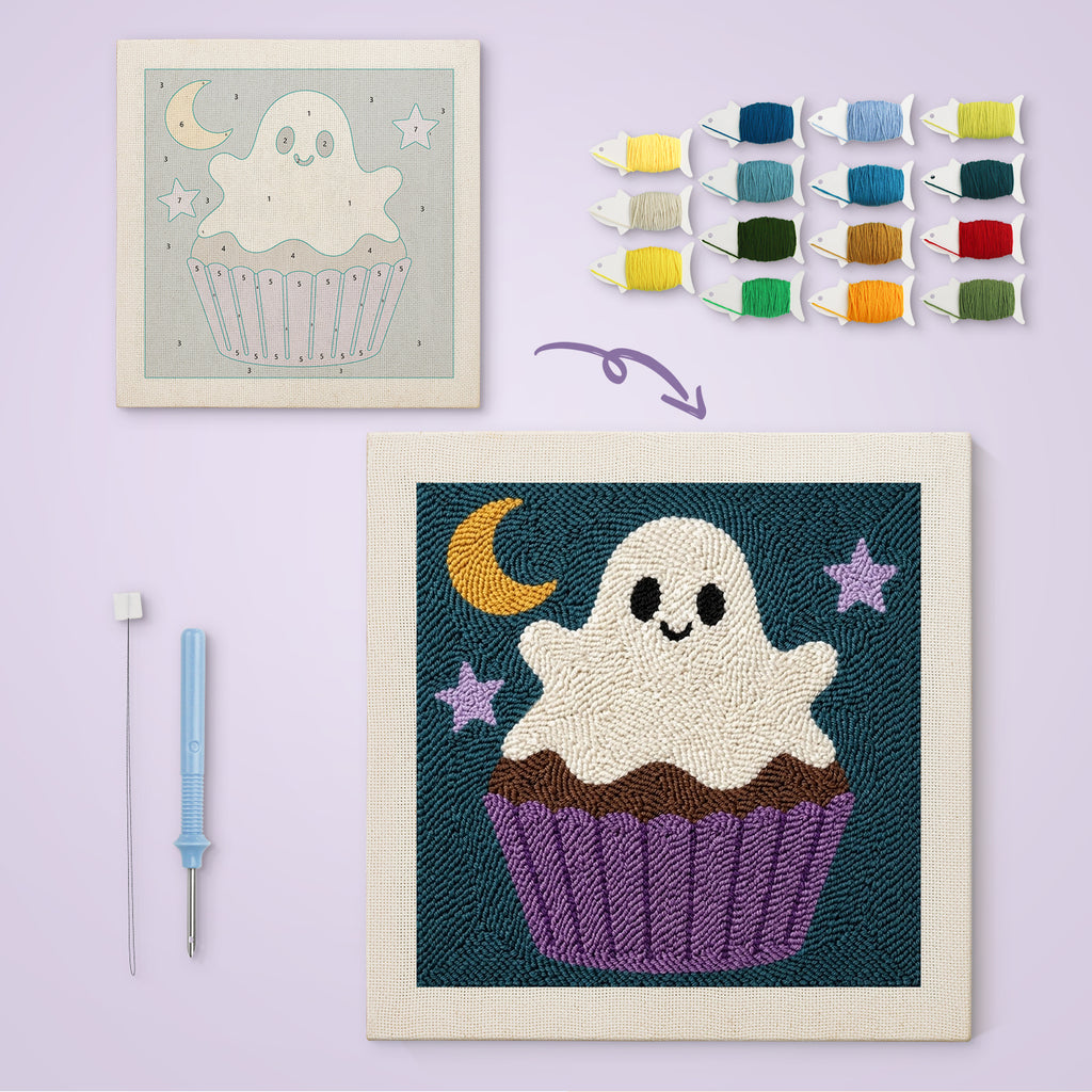 Ghost Frosting Cupcake canvas before and after punching, with the threads and tools