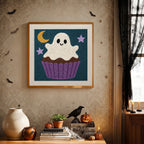 Finished Ghost Frosting Cupcake punch needle canvas on a wall
