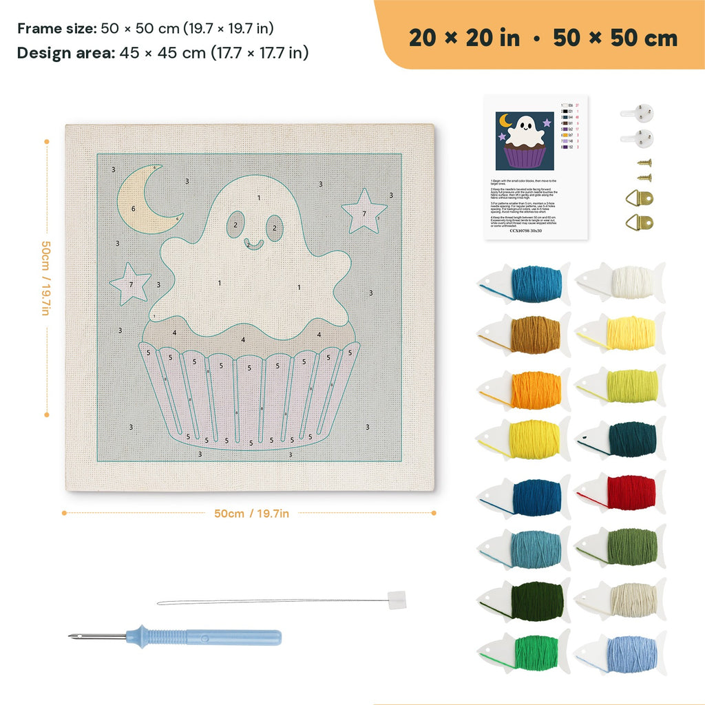 Ghost Frosting Cupcake punch needle kit, 20 × 20 in (50 × 50 cm): canvas size and kit contents